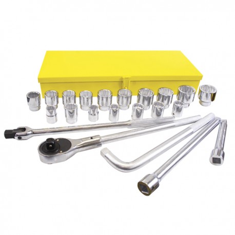 CAJA METÁLICA CON JUEGO DE DADOS Y ACCESORIOS 3/4" CON 23 PZAS,.